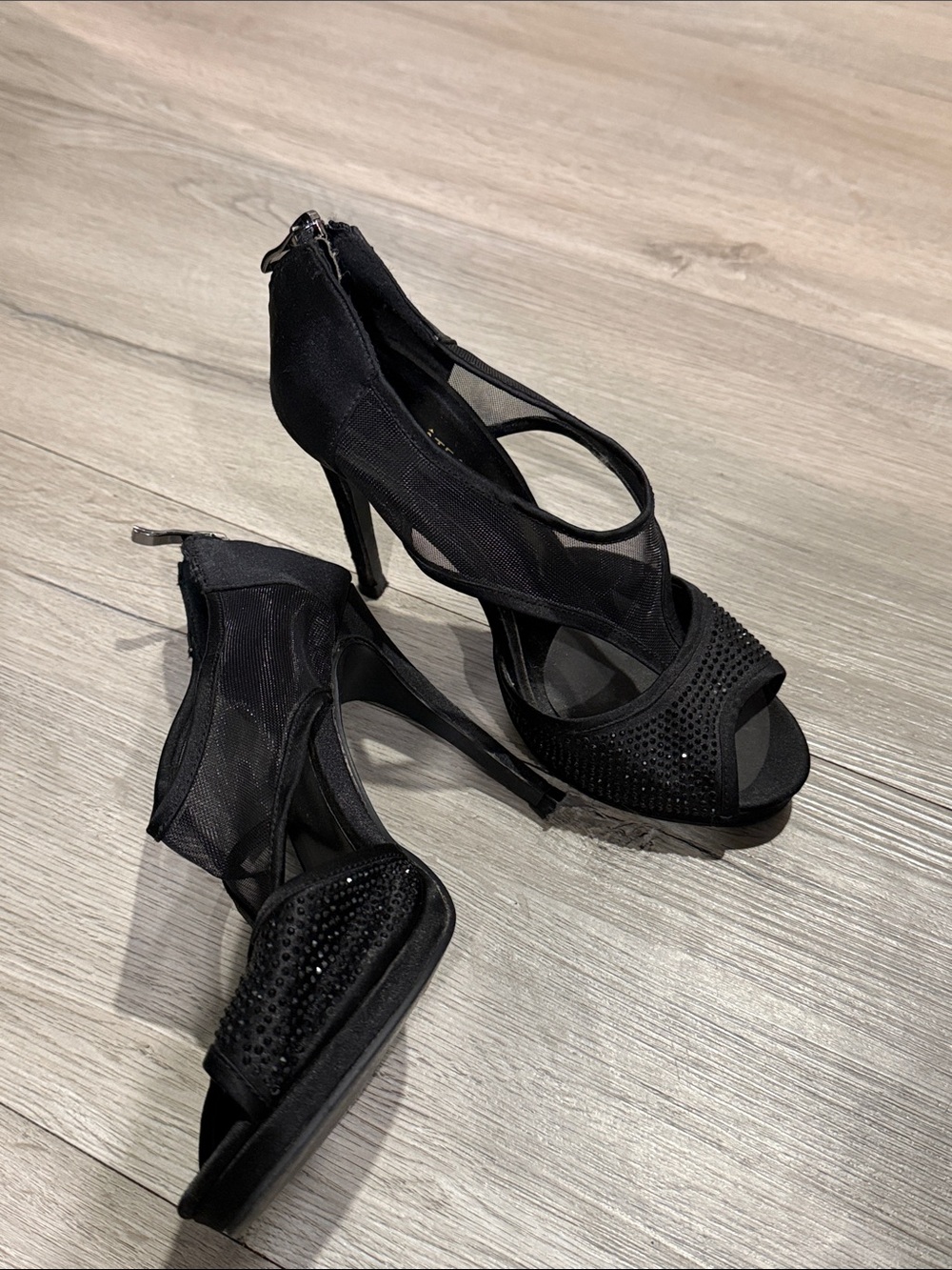 le chateau Black Mesh Peep-Toe High Heels with Rhinestone Detail